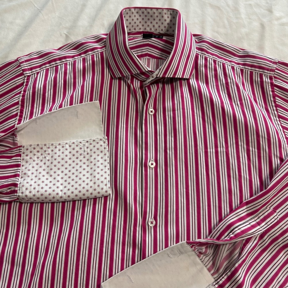 XMI Mens Large Pink White Black Striped Cotton French Cuff Button Down Shirt